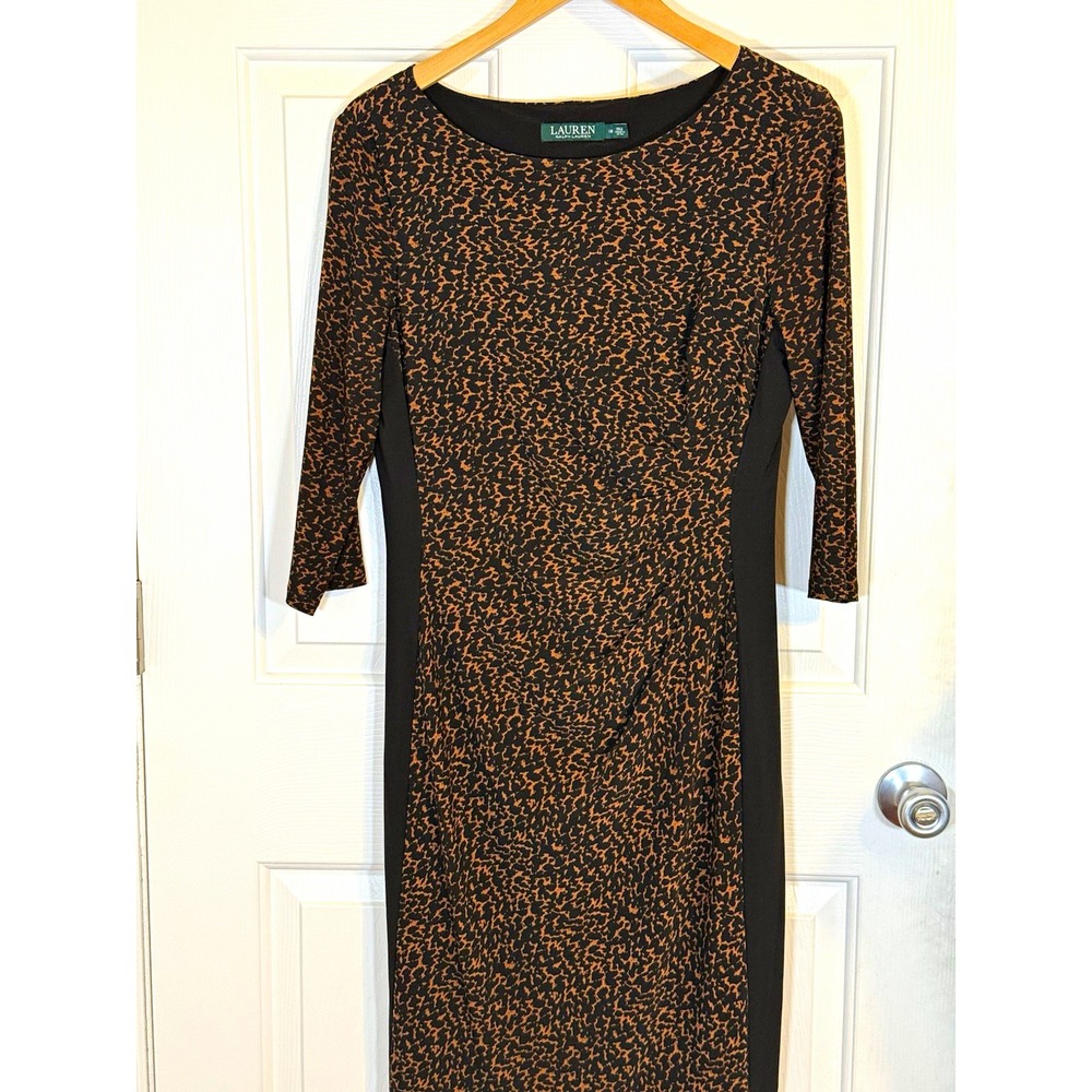Lauren Ralph Lauren Brown/Black Animal Print Ruched Sheath Midi Dress Size 12